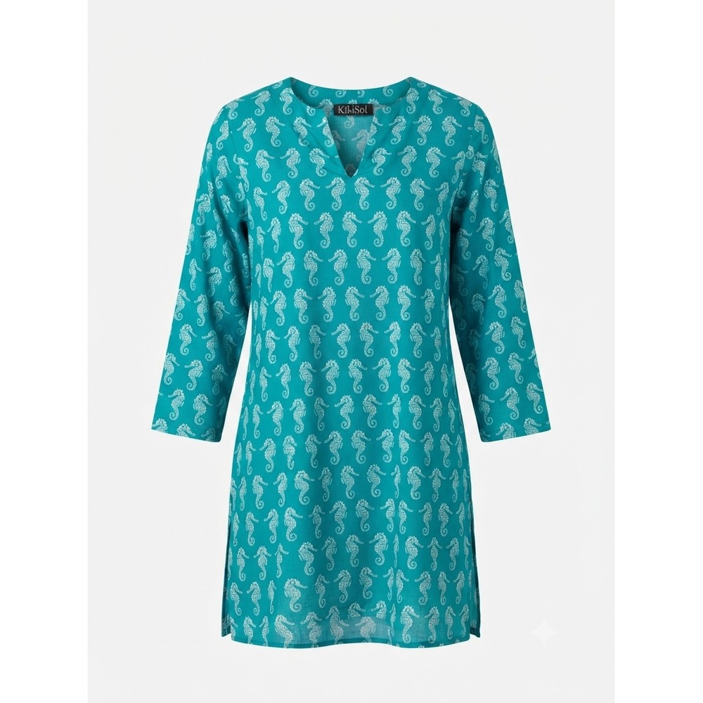 KikiSol Womens Seahorse Boho Cotton Tunic Top Teal Blue Long Sleeve V Neck S